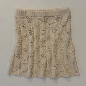 Zara Pearl Trim Beige Knit Cotton Blend Mini Skirt with Pearl Details Size Small